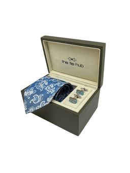 The Tie Hub - Men Blue Silk Paisley Necktie & Pair Of Cufflink Gift Set