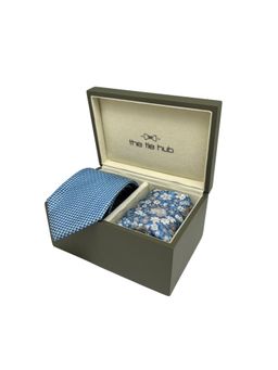 The Tie Hub - Men Blue Silk Floral Necktie & Pocket Square Gift Set