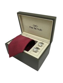 The Tie Hub - Men Red Silk Embroidered Necktie & Pair Of Cufflink Gift Set