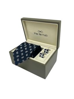 The Tie Hub - Men Navy Blue Silk Paisley Necktie & Pair Of Cufflink Gift Set