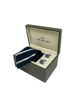 The Tie Hub - Men Navy Blue Silk Stripes Necktie & Pair Of Cufflink Gift Set