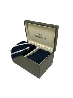 The Tie Hub - Men Navy Blue Silk Stripes Necktie & Pocket Square Gift Set