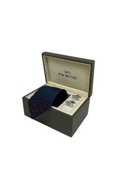 The Tie Hub - Men Navy Blue Silk Floral Necktie & Pair Of Cufflink Gift Set
