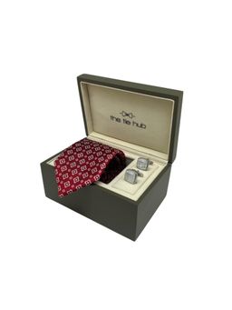 The Tie Hub - Men Red Silk Floral Necktie & Pair Of Cufflink Gift Set