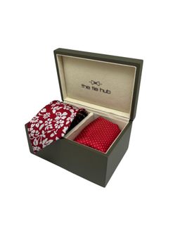 The Tie Hub - Men Red Silk Floral Necktie & Pocket Square Gift Set