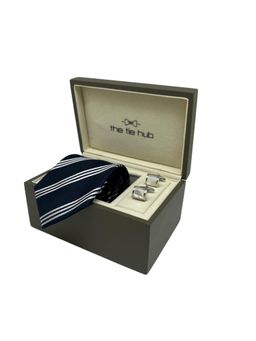 The Tie Hub - Men Navy Blue Silk Stripes Necktie & Pair Of Cufflink Gift Set