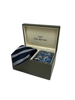 The Tie Hub - Men Navy Blue Silk Stripes Necktie & Pocket Square Gift Set