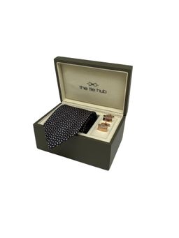 The Tie Hub - Men Navy Blue Silk Embroidered Necktie & Pair Of Cufflink Gift Set