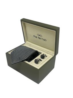 The Tie Hub - Men Navy Blue Silk Textured Necktie & Pair Of Cufflink Gift Set