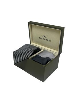 The Tie Hub - Men Navy Blue Silk Textured Necktie & Pocket Square Gift Set