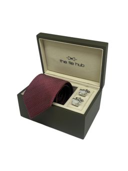 The Tie Hub - Men Burgundy Silk Textured Necktie & Pair Of Cufflink Gift Set