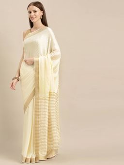 Mimosa - Off White Color Poly Crepe Kasavu Saree With Unstitched Blouse