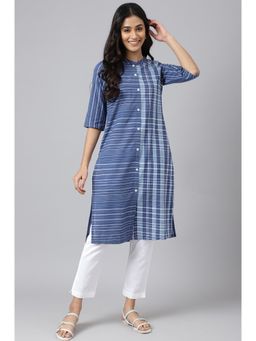 Aurelia - Navy Blue Yarn Dyed Striped Straight Cotton Kurta