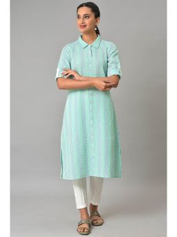 Aurelia - Green Striped A-Line Cotton Kurta