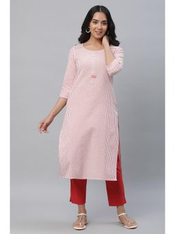 Aurelia - Peach Striped Straight Cotton Kurta