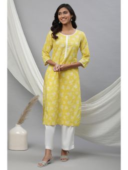 Aurelia - Yellow White Floral Printed Straight Cotton Kurta