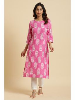 W - For Woman Pink Floral Print Straight Rayon Kurta