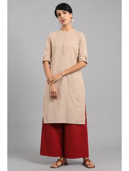 W - For Woman Beige Solid Straight Cotton Kurta