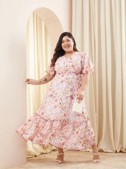 Miss Chase - Women Plus Size Pink Floral Printed Maxi Dress