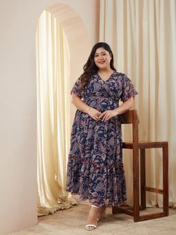 Miss Chase - Women Plus Size Navy Blue Paisley Wrap Maxi Dress