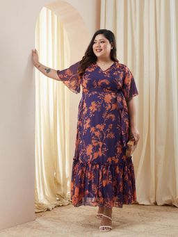 Miss Chase - Women Plus Size Purple Floral Printed Wrap Maxi Dress