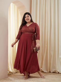 Miss Chase - Women Plus Size Maroon Self Design V-Neck Maxi Dress
