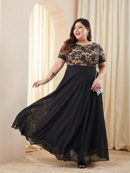 Miss Chase - Women Plus Size Black Self Design Maxi Dress