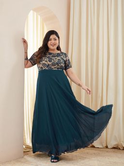 Miss Chase - Women Plus Size Teal Self Design Maxi Dress