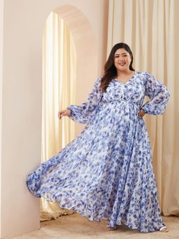 Miss Chase - Women Plus Size Blue Floral Printed Maxi Dress