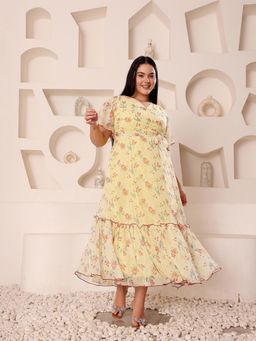 Miss Chase - Women Plus Size Yellow Floral Printed Midi Dress