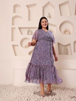 Miss Chase - Women Plus Size Navy Blue Floral Printed Midi Dress