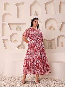 Miss Chase - Women Plus Size Maroon Leaf Printed Midi Dress