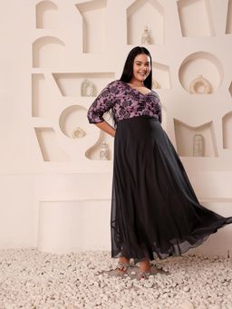 Miss Chase - Women Plus Size Black and Lavender Self Design Maxi Dress