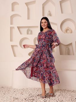 Miss Chase - Women Plus Size Multi-Color Printed Wrap Midi Dress