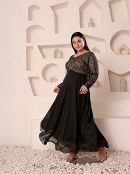 Miss Chase - Women Plus Size Black Lace-Overlaid Self Design Maxi Dress