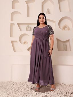 Miss Chase - Women Plus Size Mauve Sequined Relaxed Fit Maxi Dress