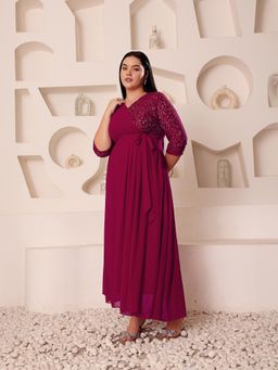 Miss Chase - Women Plus Size Wine Self Design Maxi Dress