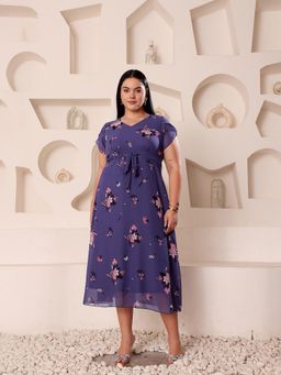 Miss Chase - Women Plus Size Purple Floral Printed Midi Dress