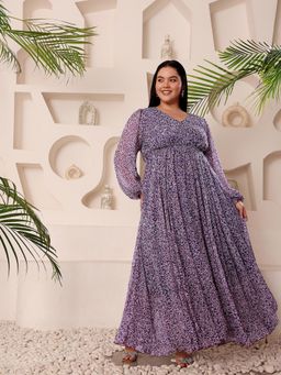 Miss Chase - Women Plus Size Purple Floral Printed Maxi Dress