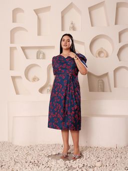 Miss Chase - Women Plus Size Navy Blue Floral Printed Midi Dress