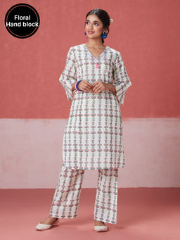 Likha - White Blossom Hand Block Printed Kurta with Pant LIKSKD229 (Set of 2)