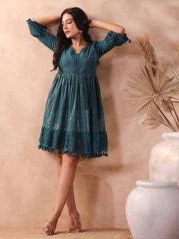 ISHIN - Women's Pure Cotton Embellished Teal Fit and Flare Indo Western Dress