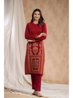 ISHIN - Women's Red Jacquard Style Ethnic Motifs Straight Winterwear Kurta