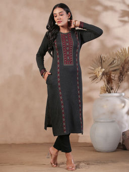 ISHIN - Women's Charcoal Jacquard Style Ethnic Motifs Straight Winterwear Kurta