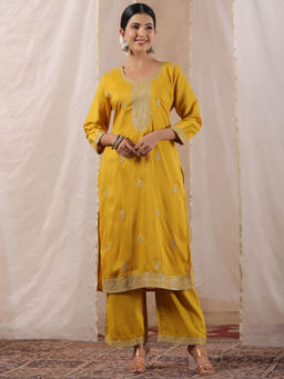 ISHIN - Women's Mustard Zari Work Ethnic Motifs Poly Silk Straight Kurta