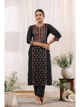 ISHIN - Women's Black Ethnic Motifs Foil Print Straight Kurta with Trousers (Set of 2)