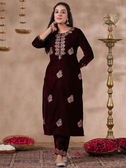 ISHIN - Women's Velvet Ethnic Motifs Zari Maroon Straight Kurta with Trousers (Set of 2)