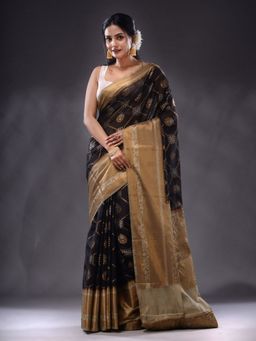 CHARUKRITI - Black Georgette Handwoven Saree With Unstitched Blouse