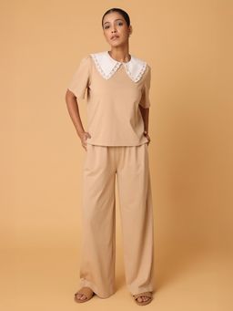 BLANC9 - Contrast Collared T-Shirt With Lower Pyjama Beige