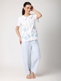 BLANC9 - Sky Blue Floral Embroidered Shirt With Pyjama
